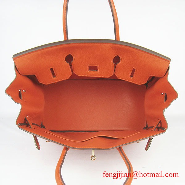 Hermes 35cm Embossed Veins Leather Bag Orange 6089 Gold Hardware